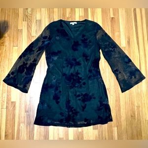 Ya Los Angeles Black Dress with Long Sleeve. Sheer w a velvet flower print. Lrge